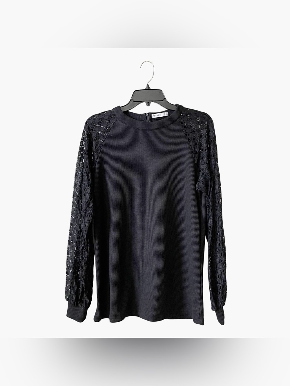 Miholl Top Women's Size M Black Waffle Knit Lace Long Sleeves Back Zip Classic